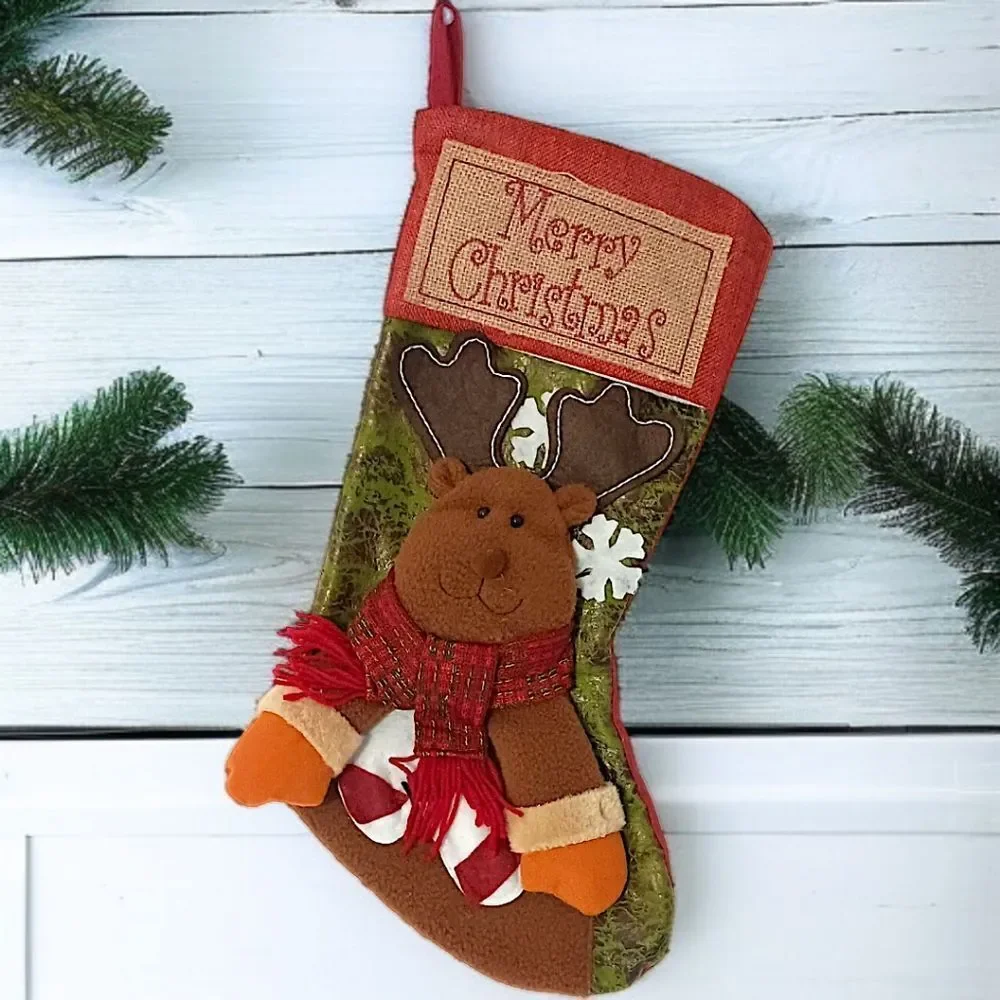 Reindeer‎ Moose Christmas Stocking Plush Folk Art Cabin Rustic Farmhouse Holiday
